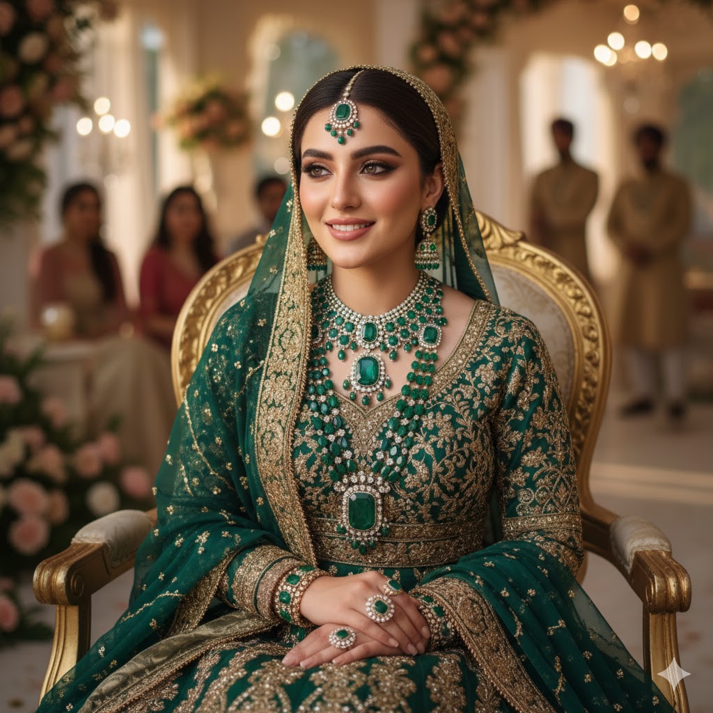 Beautiful Girl with Emeralds and pakistani wedding culture