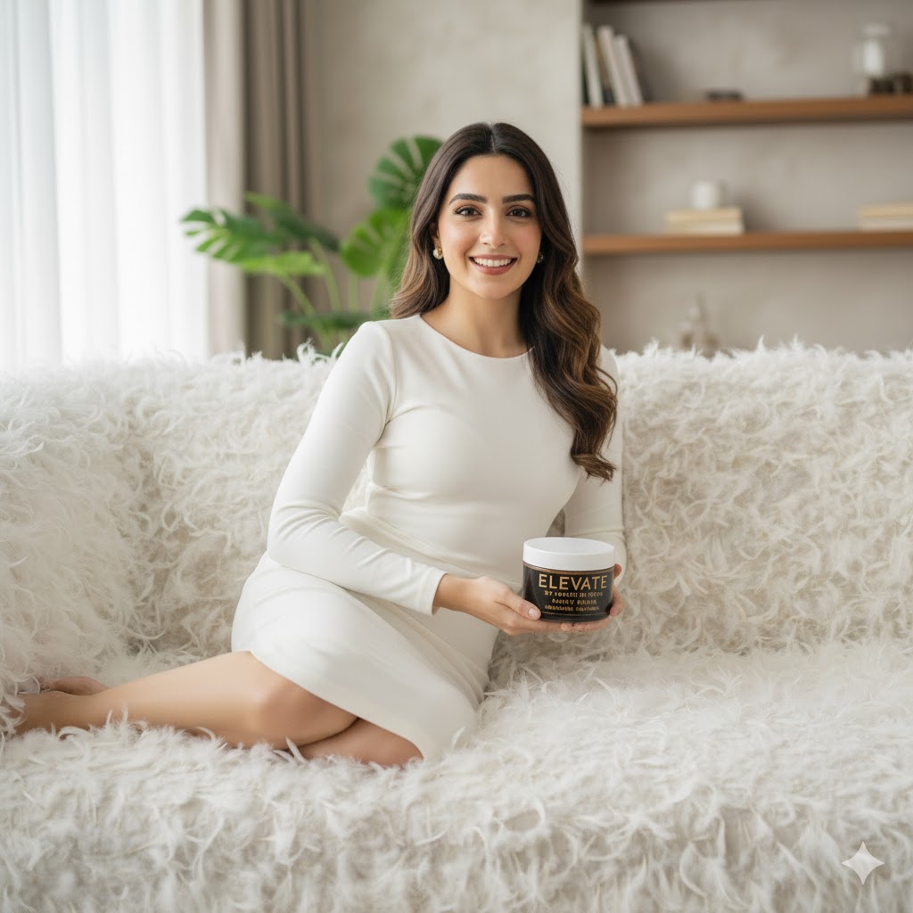 Girl Sitting on Sofa holding elevate shilajit Himalayan for sale in pakistan