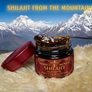 Honey Mixed Shilajit Red Devil jar with spoon - honey and Himalayan shilajit blend Pakistan