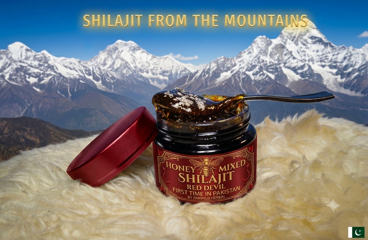 Honey Mixed Shilajit Red Devil jar with spoon - honey and Himalayan shilajit blend Pakistan
