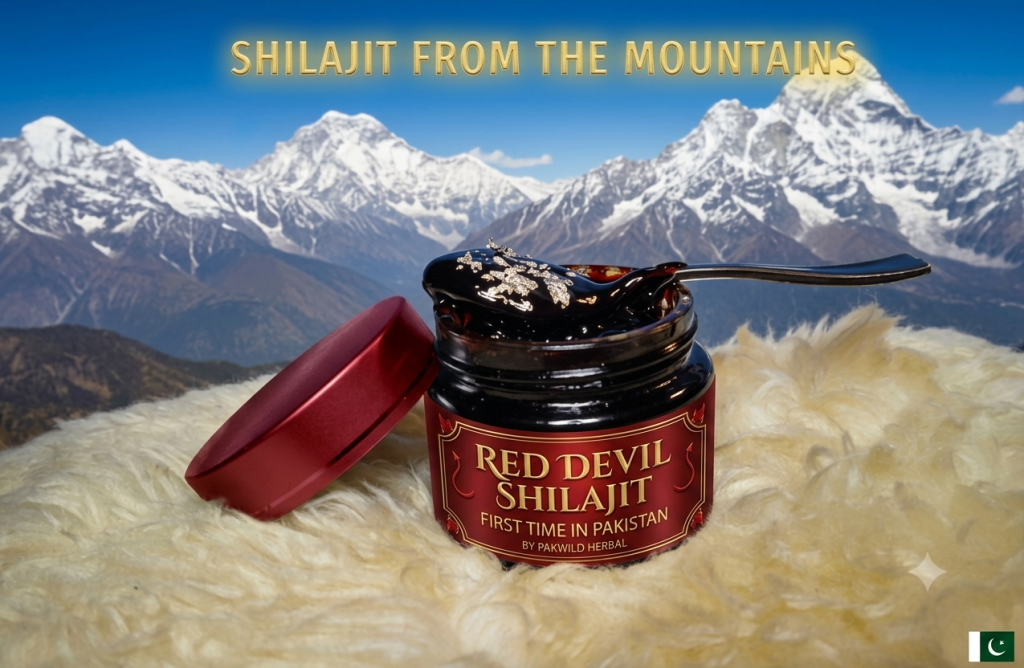 Red Devil Mountain Shilajit Resin jar with dosage spoon - pure Himalayan salajeet Pakistan