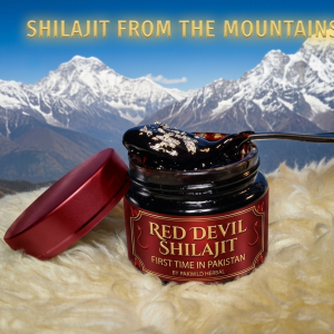 Red Devil Mountain Shilajit Resin jar with dosage spoon - pure Himalayan salajeet Pakistan